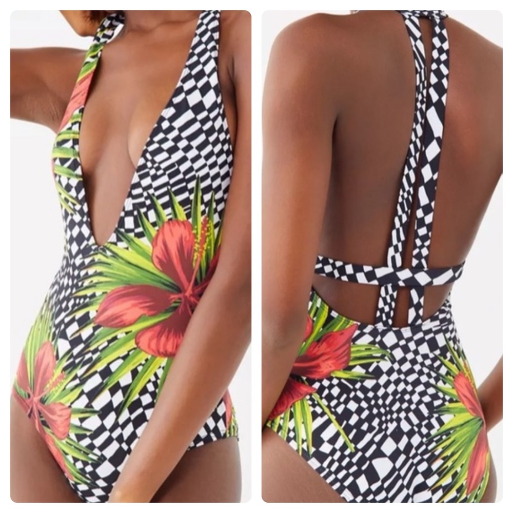 Urban Outfitters Out from Under deep-V swimsuit tropical print size small 2-4